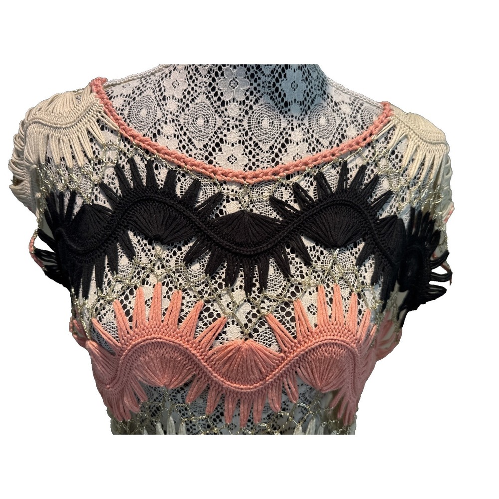 Festival woman's Crochet Open Knit Fringe Sweater Top Swim Cover up S / M - Picture 6 of 7